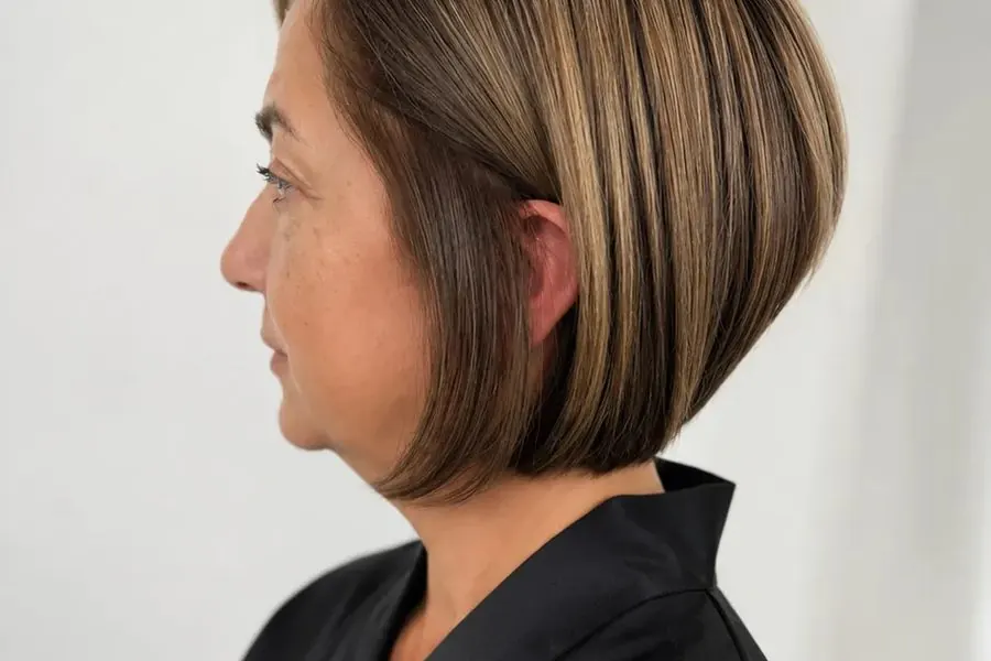Chin-length bob with warm highlights, side profile